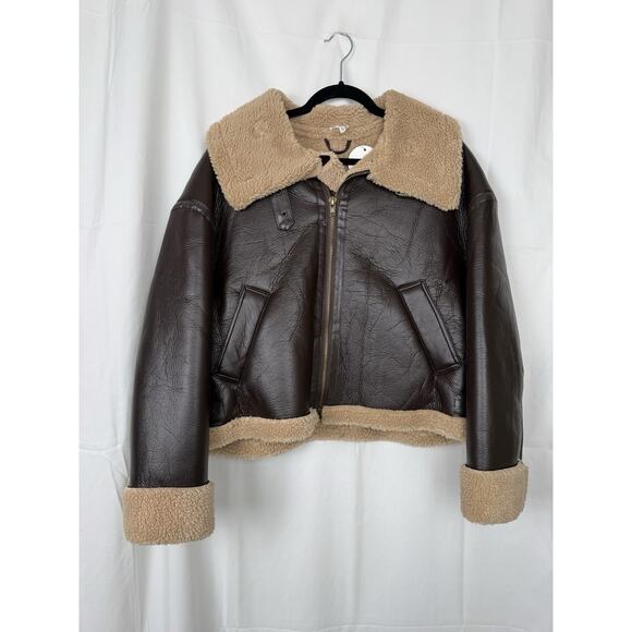 En Creme Jackets & Blazers - En Crème Women's Faux Leather Sherpa Aviator Jacket Brown & Tan Size L